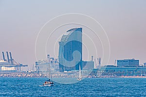 Waterfront of Barcelona dominated by Hotel W designed by Ricardo Bofill, Spain
