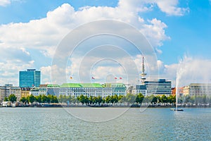 Waterfront of the binnenalster lake in Hamburg dominated by heinrich herz tower, Germany