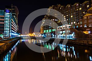 Waterfront buildings at night in the Inner Harbor, Baltimore, Ma