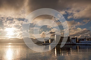 Waterfront buildings at sunset at Tromso Norway