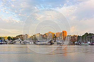 Waterfront False Creek suburb during sunrise, Vancouver, British Columbia, Canada.