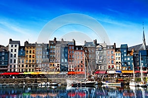 Waterfront of Honfleur harbor in Normandy, France