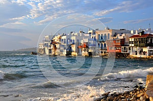 Waterfront houses on famous Mykonos beach, greece