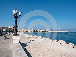Waterfront of Lungomare Imperatore Augusto street in Bari, Italy with a streetlamp