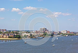 A panoramic view on Old Town Alexandria piers from the Potomac River, Virginia, USA.