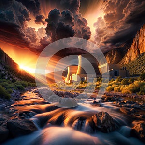 Nuclear power plant in front of a water stream at sunset., generative ai