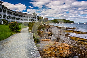 Waterfront path and hotel in Bar Harbor, Maine.