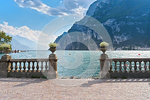 Waterfront promenade with a view of Lake Garda in Riva del Garda in Italy