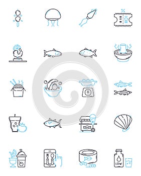 Waterfront restaurant linear icons set. Ocean, Harbor, Dockside, Marina, Seaside, Bayside, Waterside line vector and