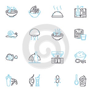 Waterfront restaurant linear icons set. Ocean, Harbor, Dockside, Marina, Seaside, Bayside, Waterside line vector and