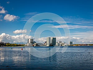 Waterfront skyline Almere-City from Weerwater, Netherlands photo