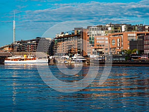 waterfront view on modern city, urban architecture and waterfront promenade