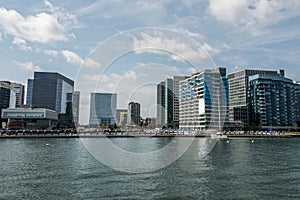 Waterfront view skyline Boston MA, USA new skyscraper construction near waterfront bay