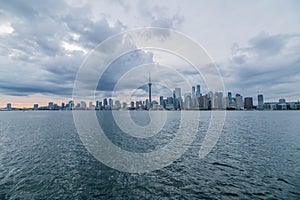 Waterfront view of Toronto City Skyscrapers along with CN Tower and Rogers Centre, Scarborough districts in summer, a view from To