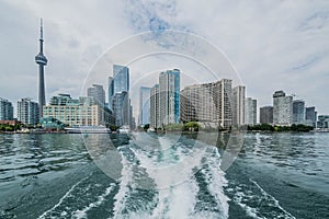 Waterfront view of Toronto City Skyscrapers along with CN Tower and Rogers Centre, Scarborough districts in summer, a view from To