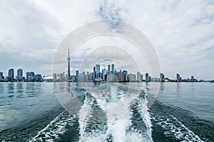 Waterfront view of Toronto City Skyscrapers along with CN Tower and Rogers Centre, Scarborough districts in summer, a view from To