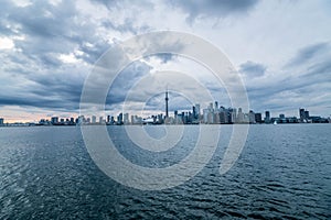 Waterfront view of Toronto City Skyscrapers along with CN Tower and Rogers Centre, Scarborough districts in summer, a view from To