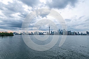 Waterfront view of Toronto City Skyscrapers along with CN Tower and Rogers Centre, Scarborough districts in summer, a view from To