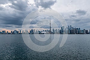 Waterfront view of Toronto City Skyscrapers along with CN Tower and Rogers Centre, Scarborough districts in summer, a view from To