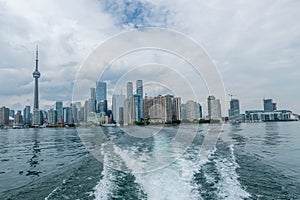 Waterfront view of Toronto City Skyscrapers along with CN Towerand Rogers Centre, Scarborough districts in summer, a view from To