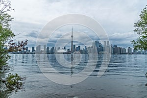 Waterfront view of Toronto City Skyscrapers along with CN Towerand Rogers Centre, Scarborough districts in summer, a view from To