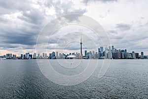 Waterfront view of Toronto City Skyscrapers along with CN Towerand Rogers Centre, Scarborough districts in summer, a view from To