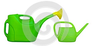 watering big and little can green and yellow for flowers on white isolated background