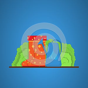 Watering can and boots against the background of bushes. Work in the vegetable garden or garden. Vector illustration