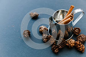 Watering can and cones and cinnamon stick on a grey background