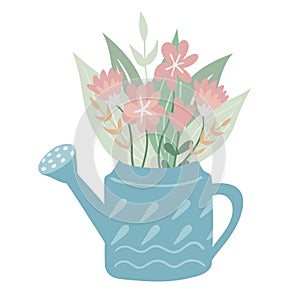 Watering can for flowers. bouquet in vase. Gardening can with leaves and flowers. gardening set. flat vector doodle illustration