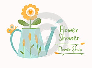 Watering can with flowers, butterfly and water drop, flower shop logotype vector template, logo design