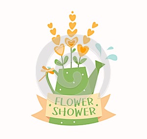 Watering can with flowers, ribbon, dragonfly and water drops, flower shop logotype vector template, logo design