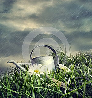 Watering can with flowers in a summer rain