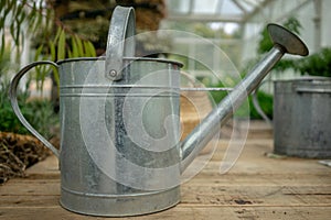 Watering can on garden bench in glass house