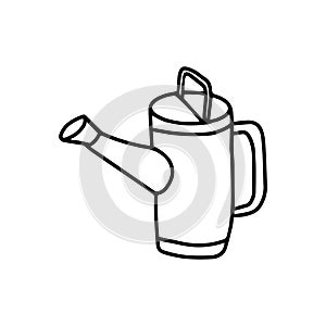 Watering can in hand drawn doodle style isolated on white background. Vector outline stock illustration.