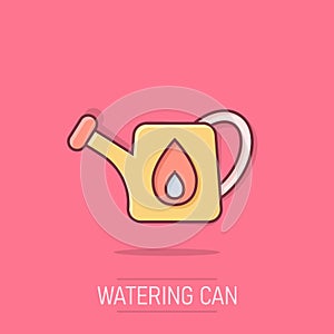 Watering can icon in comic style. Garden tool cartoon vector illustration on isolated background. Cultivate growth splash effect