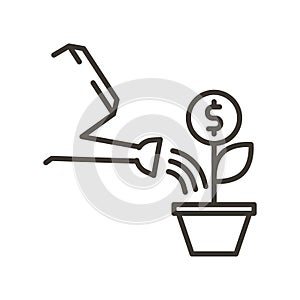 Watering can with a plant growing coin. Vector thin line icon for money growth, dollar sign, money growing on trees