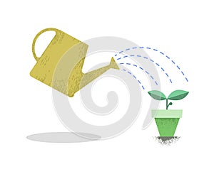 Watering can and plant in the pot. Growing idea concept. Earth day. Vector illustration.