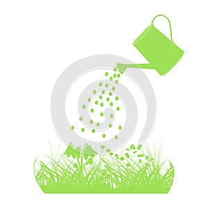 Watering can and plants isolated on white background. Lawn care or garden tool concept.