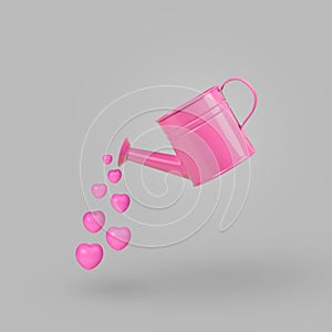 Watering can pouring pastel pink hearts. Valentines Day concept. Creative greeting card design idea