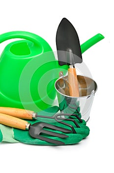 Watering-can, rake, pot, rubber gloves