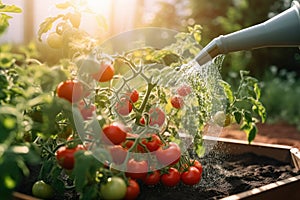 watering can spout pouring water onto a patch of tomato plants on a raised garden bed. Generative AI