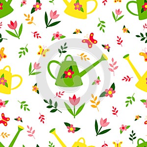Watering can vector seamless pattern. Gardening tools seamless texture. Flowers, twigs and butterflies.