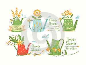 Watering cans, pots set, flower shop logotypes vector templates, logo design