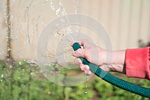Watering garden equipment - womanâ€™s hand clamps a hose for watering plants. Gardener with watering hose and sprayer water on the