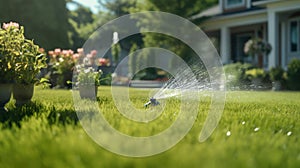 Watering garden with hose at heat summer. Close up. Automatic smart irrigation system.