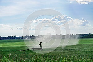 Watering the grass on a large field