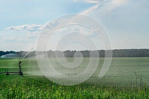 Watering the grass on a large field