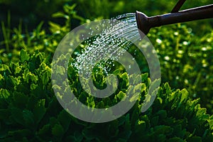 Watering green plants in the garden photo