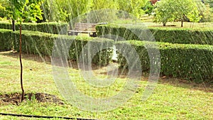 Watering the lawn grass in the Park. installation for irrigation.